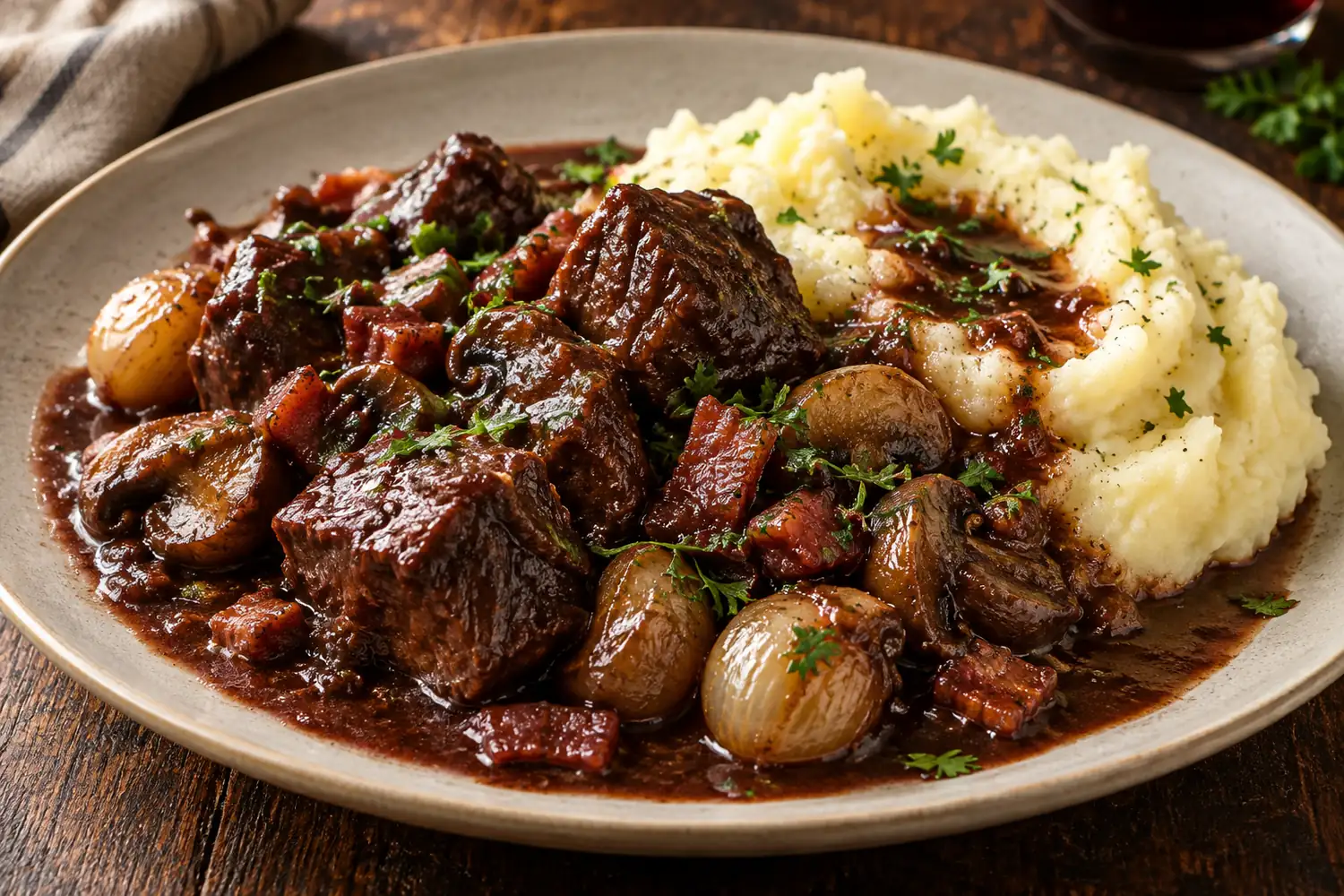 Boeuf bourguignon med potetmos
