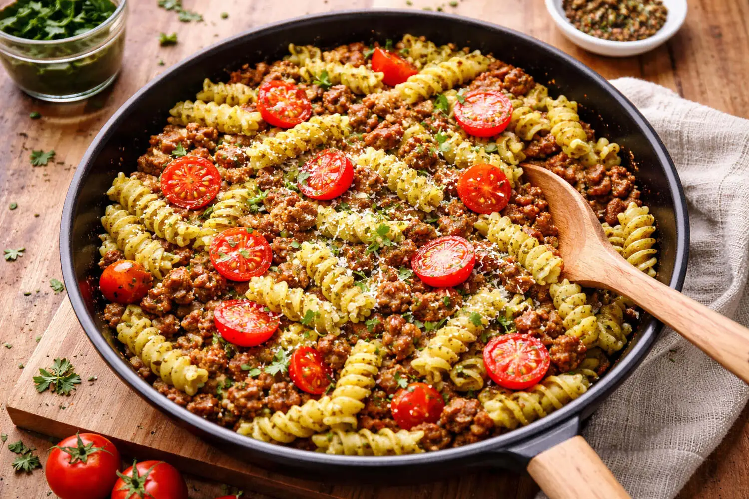 Pasta med pesto og tacokjøttdeig